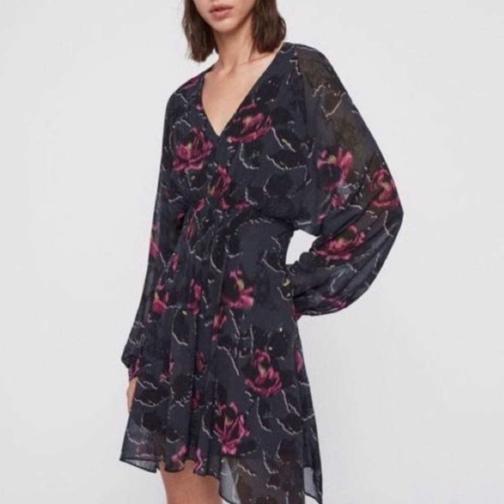 AllSaints Scarf Dress Nichola Gray Floral Smock
Waist Long Sleeve Size Small